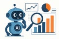 Flat vector robot analyzing bar charts and graphs, AI-powered analytics, isolated on white Royalty Free Stock Photo