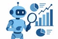 Flat vector robot analyzing bar charts and graphs, AI-powered analytics, isolated on white Royalty Free Stock Photo
