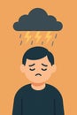 Flat vector sad character with storm cloud overhead, simplified metaphor for depression Royalty Free Stock Photo