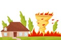 Flat vector scene with dangerous fire whirl near living house, burning trees. Fire tornado. Natural disaster Royalty Free Stock Photo