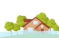 Flat vector scene with flooded house and green trees. Flood disaster. Natural catastrophe. Emergency situation