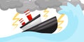 Flat vector scene with ship in strong lightning storm. Sea wave and dark gray clouds. Extreme weather. Natural disaster Royalty Free Stock Photo