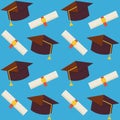 Flat Vector Seamless Pattern Graduate from School Hat and Diplom