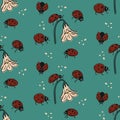 Flat vector seamless pattern with ladybugs