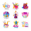 Flat vector set of abstract logos for jazz festival. Bright creative emblems with musical instruments and colorful text Royalty Free Stock Photo