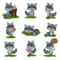 Flat vector set with adorable raccoon in different situations. Wild forest animal with shiny eyes, pink cheeks and