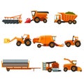Flat vector set of agricultural transports. Rural machinery. Industrial farm vehicle. Tractor hay baler, truck, combine Royalty Free Stock Photo