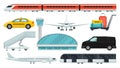 Flat vector set of airport elements. Express train, taxi, airplane, passenger transport, terminal building, trolley with