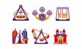 Flat vector set of amusement park elements. Funfair attractions, carousels and circus tent Royalty Free Stock Photo