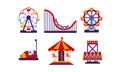 Flat vector set of amusement park elements. Funfair attractions and carousels. Entertainment theme Royalty Free Stock Photo