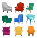 Flat vector set of armchairs. Vintage and modern chairs with soft upholstery. Comfortable furniture for living room Royalty Free Stock Photo