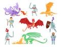 Flat vector set of armored knights and large dragons. Mythical monsters. Brave warriors. Cartoon characters