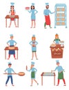 Flat vector set of bakers characters. Happy people in working uniform. Young men and women working in bakery