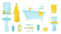 Flat vector set of bathroom items. Bath with foam and rubber duck, bathrobe and towel, cosmetics for skin care and Royalty Free Stock Photo