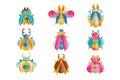 Flat vector set of beetles with bright wings, horns and paws. Colorful flying insects. Flaticons with gradients and