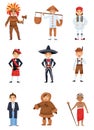 Flat vector set of boys in national costumes of different countries. Smiling kids in various traditional clothes