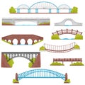 Flat vector set of brick, iron, wooden and stone bridges. Landscape elements. Architecture and city construction theme