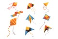 Flat vector set of bright-colored kites. Flying toys for children activities and play. Sky and wind, hobby and Royalty Free Stock Photo
