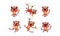 Flat vector set of brown lemur with various emotions. Monkey in different poses. Wild animal. Funny cartoon character