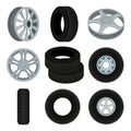 Flat vector set of car disks and tires. Alloy wheels. Elements for advertising banner or poster of auto service or shop