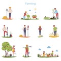 Flat vector set of character farmers working outdoors. People do gardening and farming