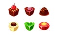 Flat vector set of chocolate and caramel candies of various shapes. Sweets with different filling. Tasty confectionery