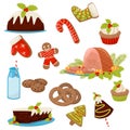 Flat vector set of Christmas food and drinks. Appetizing ham, homemade cakes, pretzels, candy cane, milk, cookies and