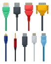 Flat vector set of colorful cables. Video and audio, USB, DVI and network data connector. Connection technology theme Royalty Free Stock Photo