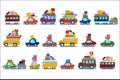 Flat vector set of colorful cars, buses and vans. People going on summer vacation or moving to new place. Transport with