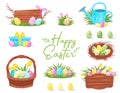 Flat vector set of colorful Easter icons. Painted eggs in basket and nest, wooden boards, gift box and watering can