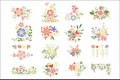 Flat vector set of colorful floral compositions. Blooming spring flowers. Colorful plants. Botanical theme Royalty Free Stock Photo