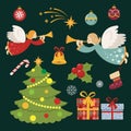 Flat vector set of colorful items related to Christmas and New Year theme. Santa Claus, toys, gifts and tree