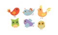 Flat vector set of colorful little birds. Lovely creatures with small wings. Fauna theme