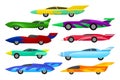 Flat vector set of colorful racing cars. Vintage automobiles with spoilers. Extreme auto sport. Elements for mobile game