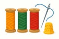 Flat vector set of colorful sewing threads on spools with needle and thimble, isolated on white Royalty Free Stock Photo