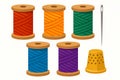 Flat vector set of colorful sewing threads on spools with needle and thimble, isolated on white Royalty Free Stock Photo
