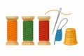 Flat vector set of colorful sewing threads on spools with needle and thimble, isolated on white Royalty Free Stock Photo