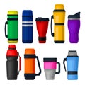 Flat vector set of colorful thermos and thermo mugs. Aluminum containers for tea or coffee. Vacuum flasks for hot
