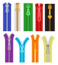 Flat vector set of colorful zippers for clothes and bags. Closed and open zip fasteners. Sewing materials Royalty Free Stock Photo