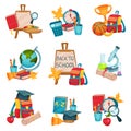 Flat vector set of compositions with objects related to school theme. Easel with canvas, books, backpack, laboratory Royalty Free Stock Photo