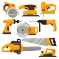 Flat vector set of construction tools. Different saws, jack plane, hammer drill and sanding machine, Building equipment