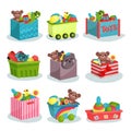 Flat vector set of containers full of children toys. Teddy bears and dinosaurs, rubber balls and ducks, colorful Royalty Free Stock Photo