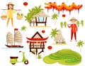 Flat vector set of cultural symbols of Vietnam. Dragon, rice terraces, architecture, transport and people