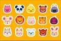 Flat vector set of cute animal faces pig, panda, duck, bear, bull, mouse, fox, cat, wolf, tiger and bunny. Design for