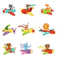 Flat vector set with cute animals flying in colorful airplanes. Cartoon characters of domestic and wild creatures Royalty Free Stock Photo