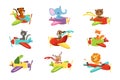 Flat vector set with cute animals flying in colorful airplanes. Cartoon characters of domestic and wild creatures Royalty Free Stock Photo