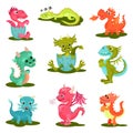 Flat vector set of cute baby dragons. Mythical creatures. Fantastic animals with wings, horns and long tails