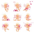 Flat vector set of cute cupid in different actions. Cartoon little boy with wings. Angel of love with pink bow and Royalty Free Stock Photo