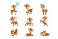 Flat vector set of cute fawn in different actions. Cartoon character of little deer. Adorable forest animal. Graphic Royalty Free Stock Photo