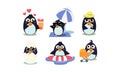 Flat vector set of cute penguins. South polar bird with shiny eyes. Funny cartoon characters Royalty Free Stock Photo